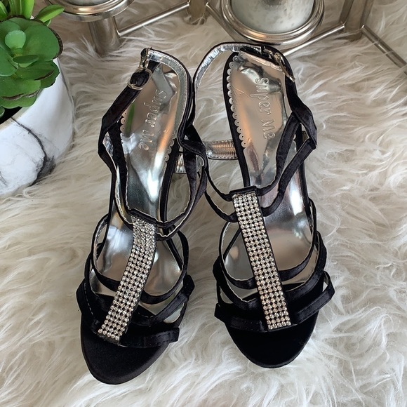 SUPER Me Black/Silver Jeweled Strappy Anklet Heels Platform Sandal SizeEU38 - Picture 2 of 13